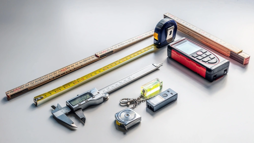Measuring tools including tape measure and level